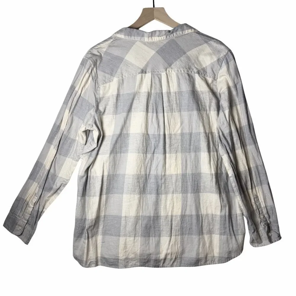 J. Crew Open V-Neck Gray Cream Plaid Flannel Popover Shirt Women’s Size XL